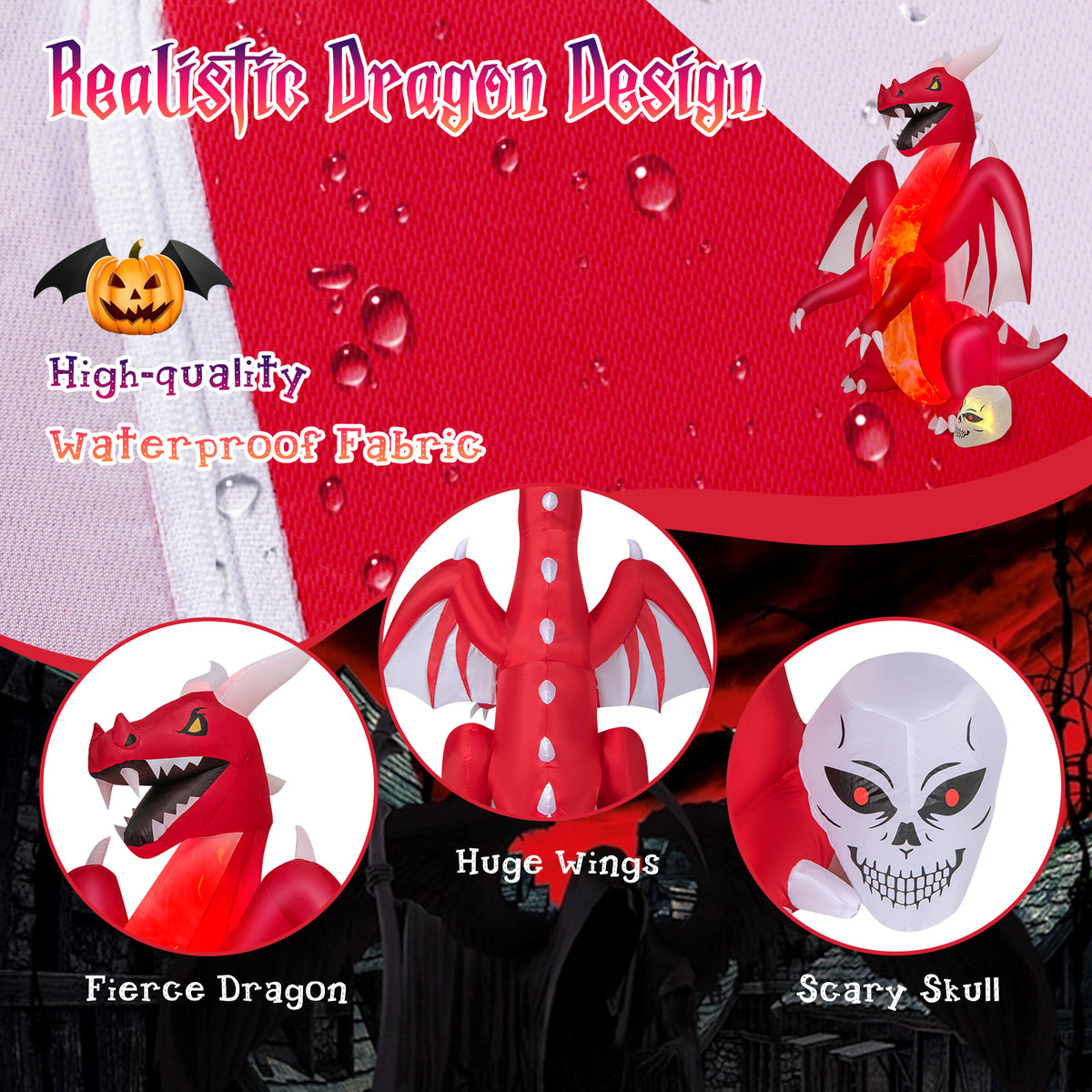 8 FT Halloween Inflatable Fire Dragon, Flash Blow up Lighted Inflatables with Multi-Color Skull