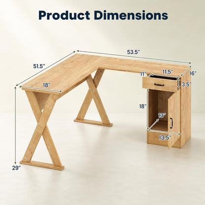 GOFLAME L-Shaped Computer Desk with Reversible Drawer & Cabinet