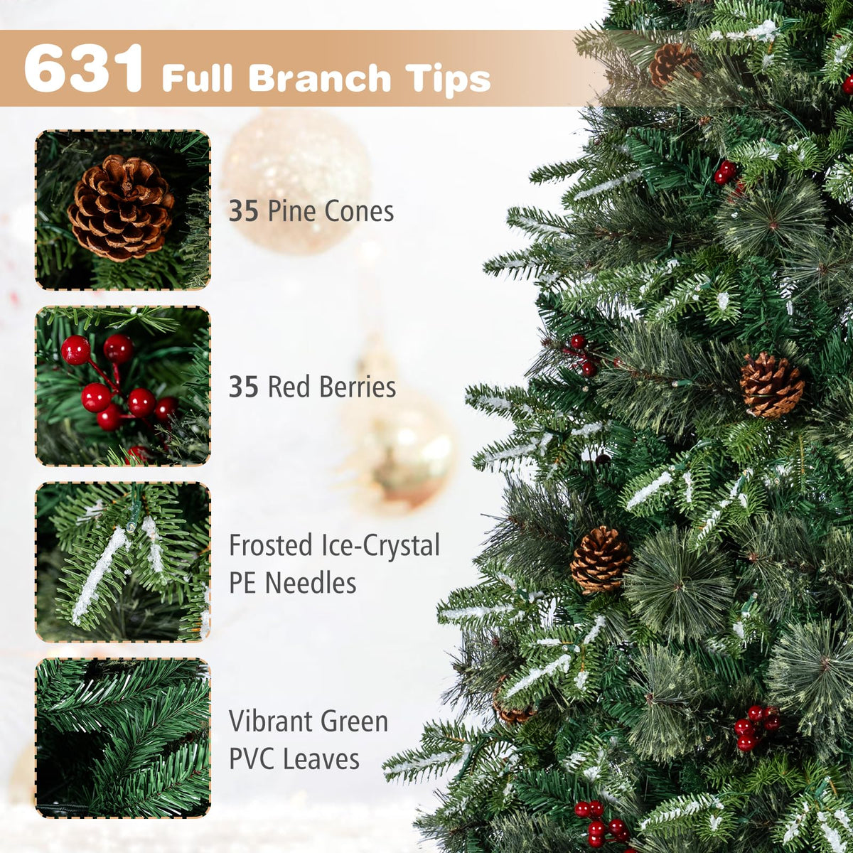 GOFLAME 6ft/7ft Pre-lit Christmas Tree with Pine Cones and Red Berries Artificial Holiday Decoration Tree