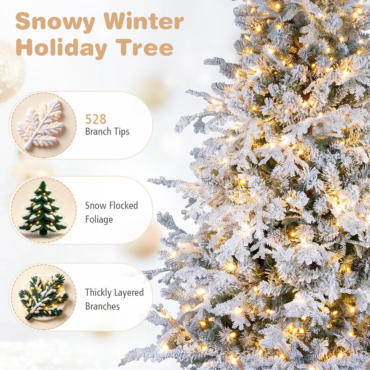 GOFLAME 5/6/7/8FT Pre-lit Christmas Tree | Snow Flocked Artificial Xmas Tree
