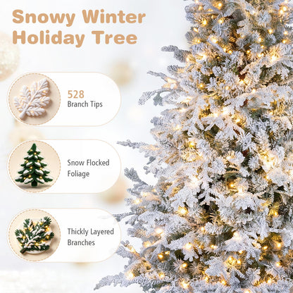 GOFLAME 5/6/7/8FT Pre-lit Christmas Tree | Snow Flocked Artificial Xmas Tree