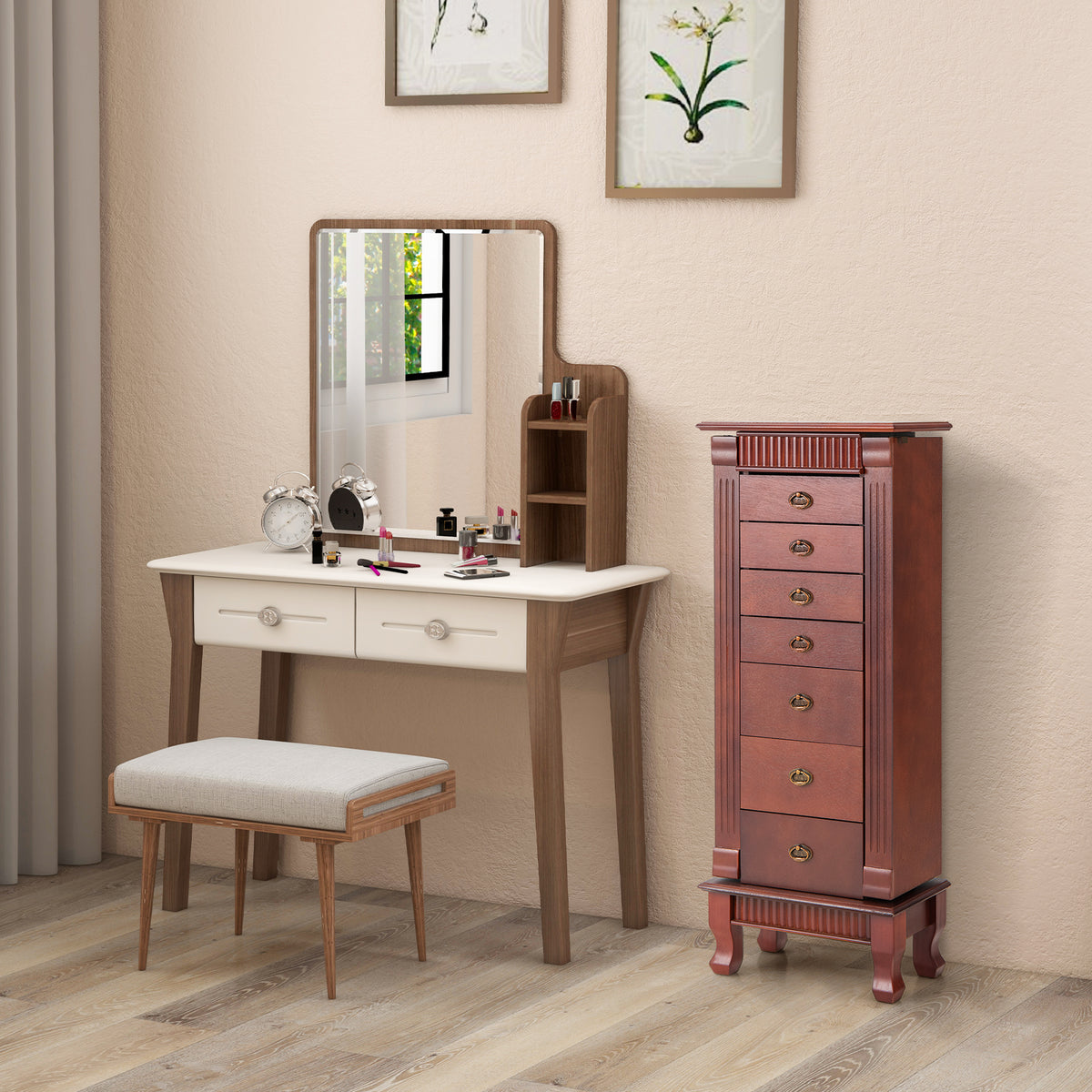 Jewelry Cabinet Armoire, Standing Jewelry Storage Organizer with Flip Top Makeup Mirror & 7 Drawers