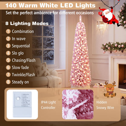 GOFLAME 6FT/7FT Pre-lit Pencil Christmas Tree Artificial Pink Christmas Tree