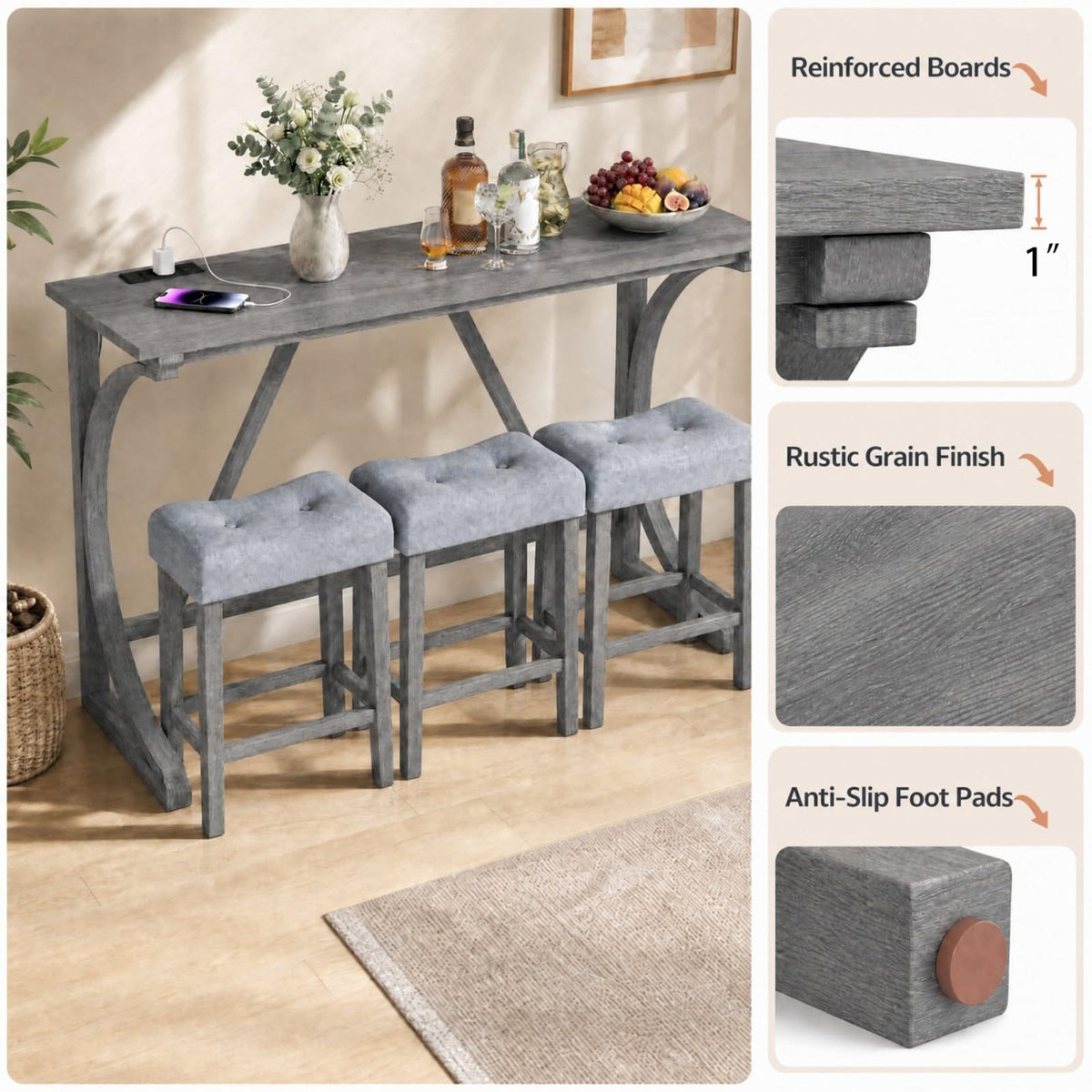 GOFLAME 4-Piece Counter Height Bar Table Set with Power Outlet Grey