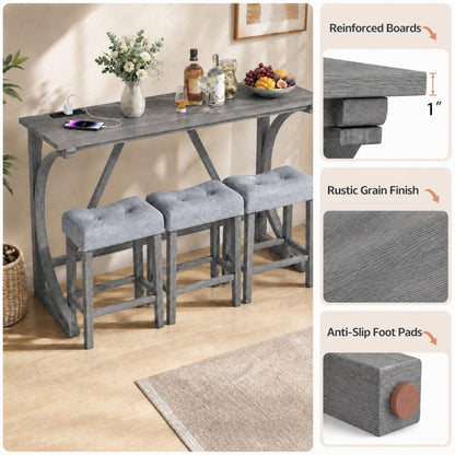 GOFLAME 4-Piece Counter Height Bar Table Set with Power Outlet Grey