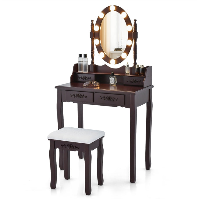 Vanity Table Set with Lighted Rotatable Mirror, Dressing Table with 3-Color Lights & Adjustable Brightness