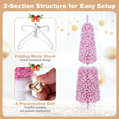GOFLAME 6FT/7FT Pre-lit Pencil Christmas Tree Artificial Pink Christmas Tree