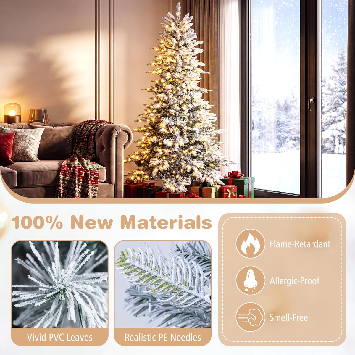 GOFLAME 6FT/7FT Pre-lit Christmas Tree | Snow Flocked Artificial Xmas Tree