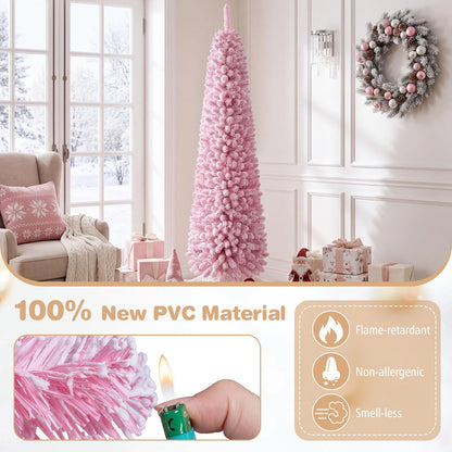 GOFLAME 6FT/7FT Pre-lit Pencil Christmas Tree Artificial Pink Christmas Tree