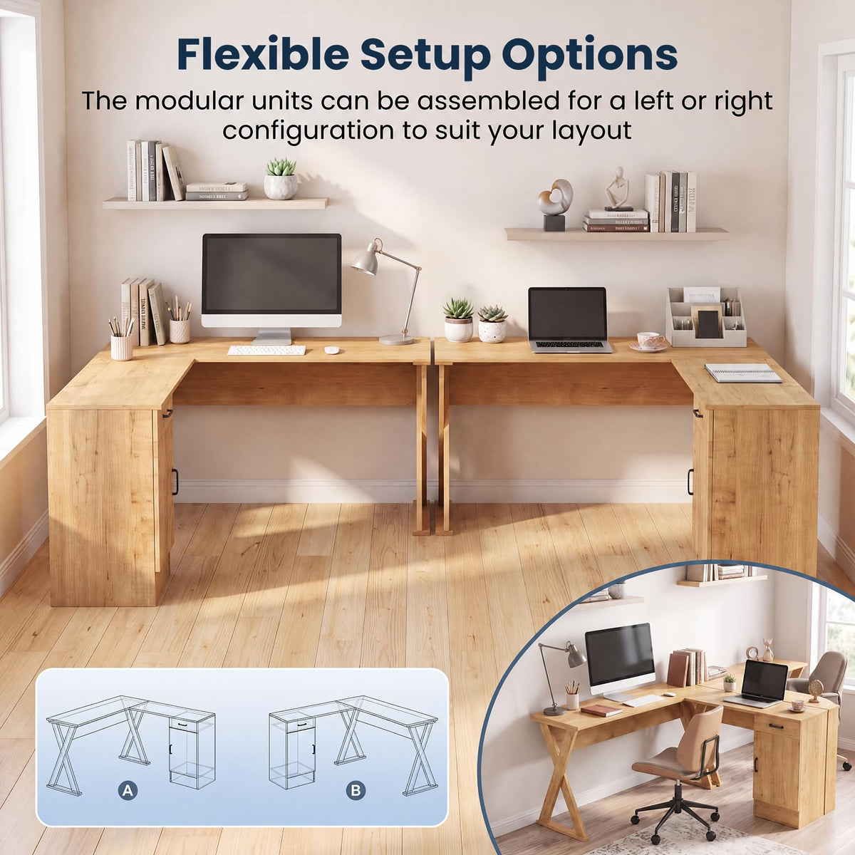 GOFLAME L-Shaped Computer Desk with Reversible Drawer & Cabinet