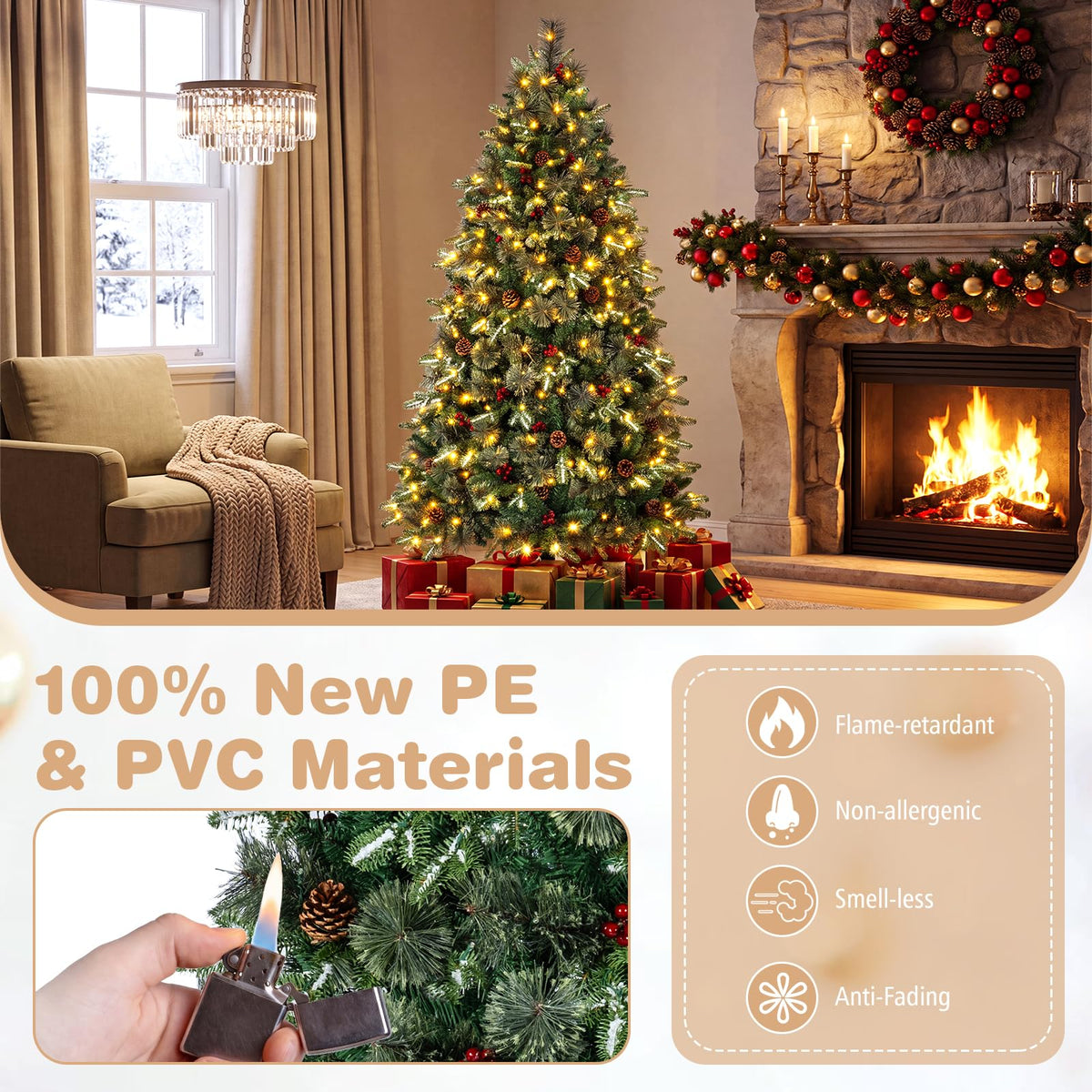 GOFLAME 6ft/7ft Pre-lit Christmas Tree with Pine Cones and Red Berries Artificial Holiday Decoration Tree