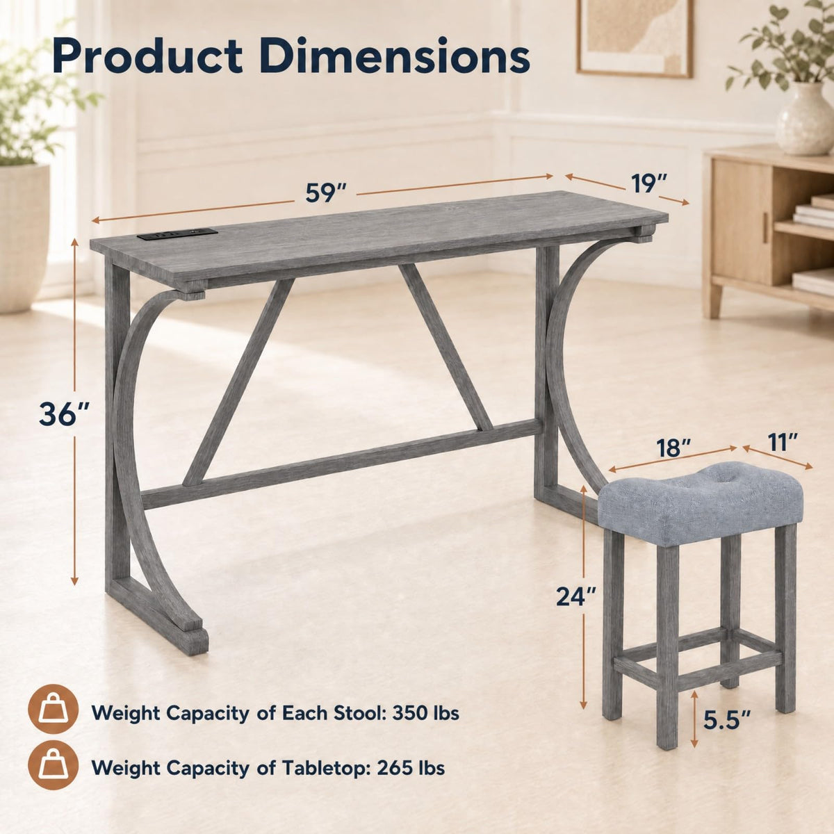GOFLAME 4-Piece Counter Height Bar Table Set with Power Outlet Grey