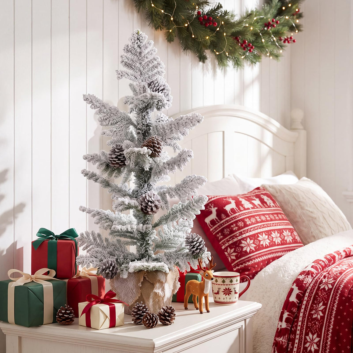 GOFLAME 3FT Snow Flocked Tabletop Christmas Tree | Artificial Mini Xmas Tree