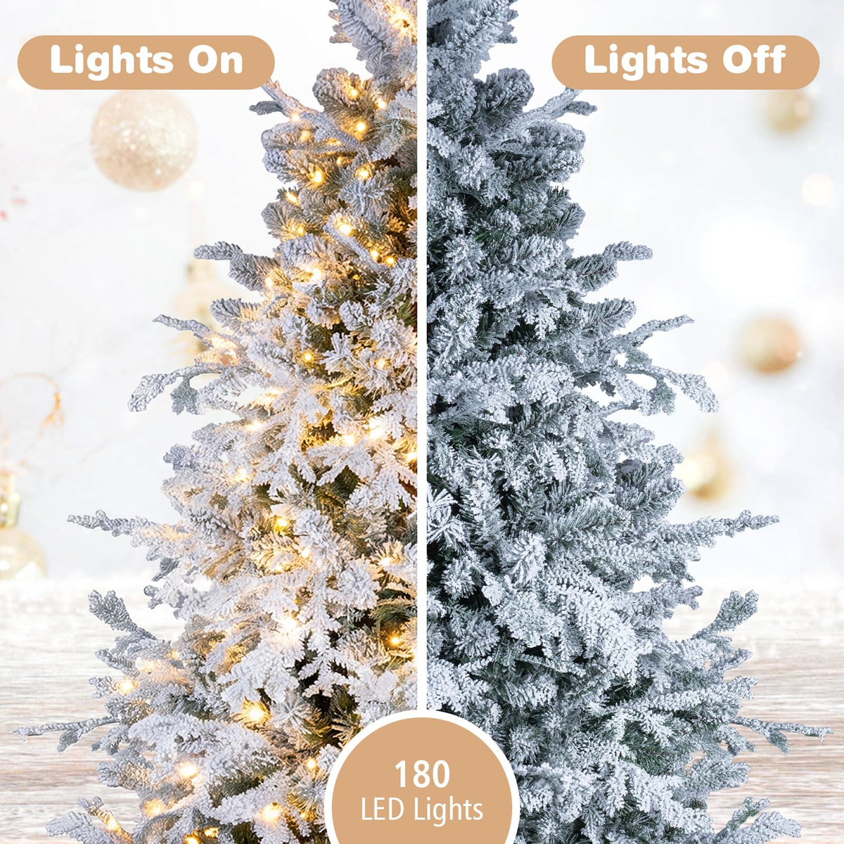 GOFLAME 5/6/7/8FT Pre-lit Christmas Tree | Snow Flocked Artificial Xmas Tree