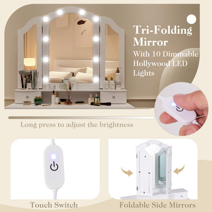 Makeup Vanity Set with Tri-Fold Mirror & Dimmable Lights, Vanity Desk and Cushioned Stool Set with 4 Drawers