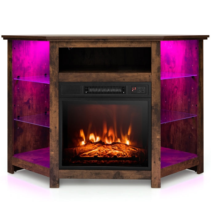Corner Fireplace TV Stand with LED Lights for TVs up to 50”, Modern Entertainment Center with Electric Fireplace