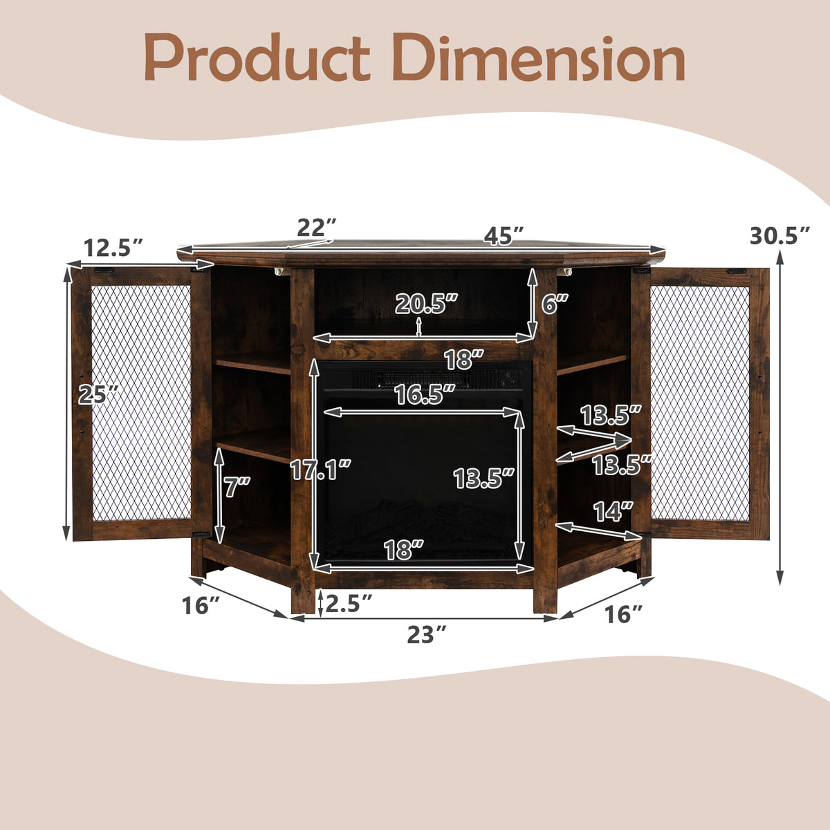 Corner Fireplace TV Stand with LED Lights for TVs up to 50”, Modern Entertainment Center with Electric Fireplace