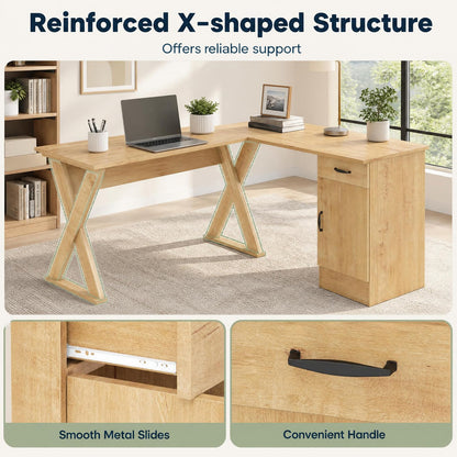 GOFLAME L-Shaped Computer Desk with Reversible Drawer & Cabinet