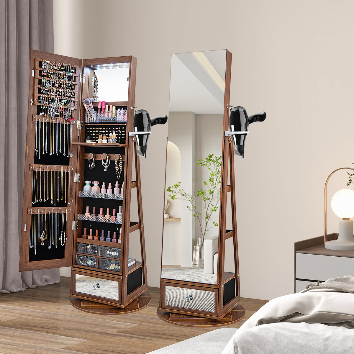 360 Rotating Jewelry Cabinet with Full Length Mirror, Standing LED Jewelry Armoire