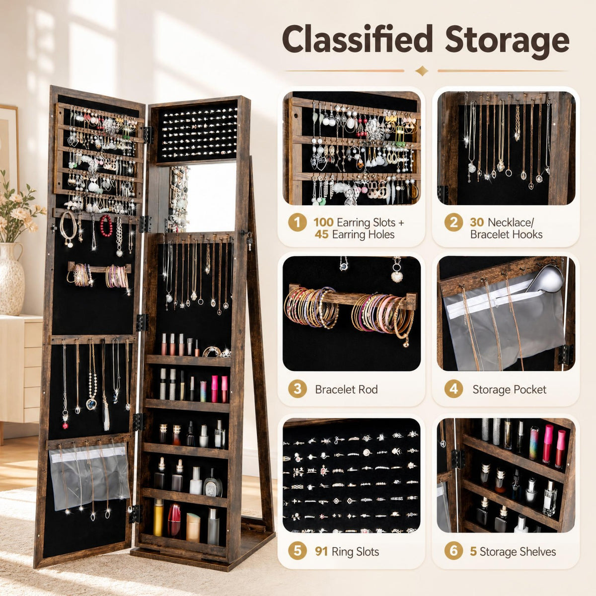 Jewelry Cabinet with Full-length Mirror, Jewelry Storage Organizer with Makeup Mirror