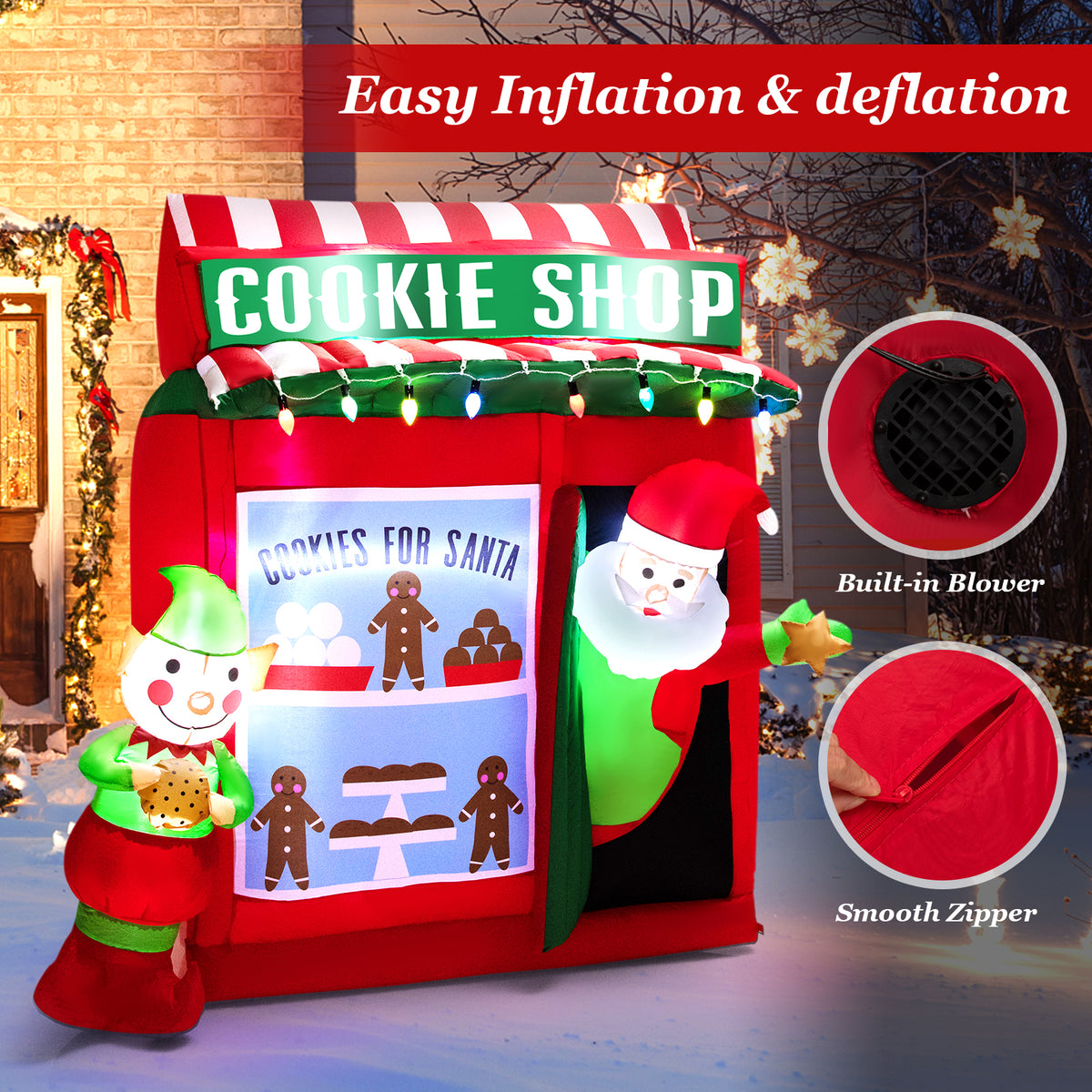 6.5 FT Christmas Inflatable Santa Claus, Outdoor Self-Inflatable Holiday Decoration with Cookie Shop