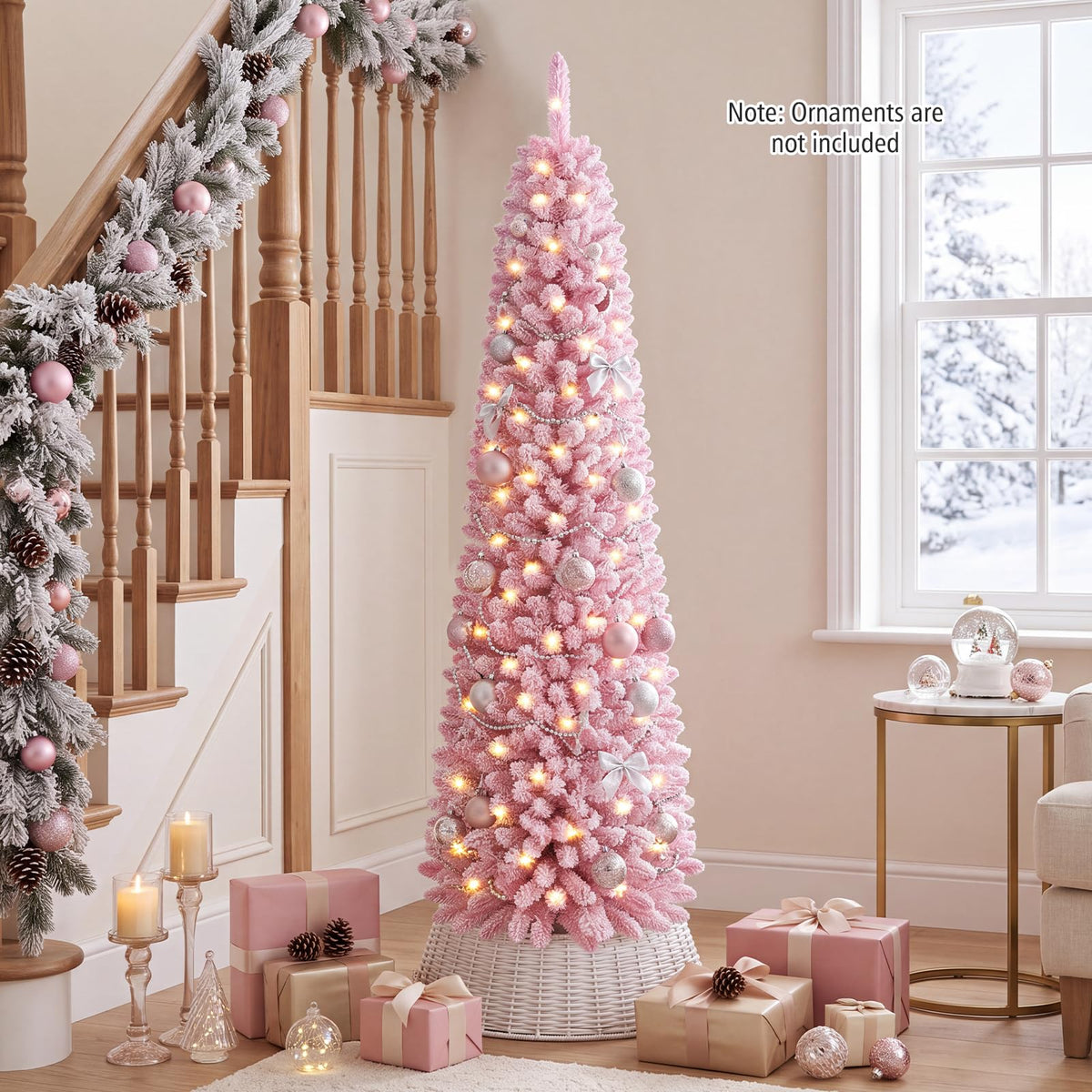 GOFLAME 6FT/7FT Pre-lit Pencil Christmas Tree Artificial Pink Christmas Tree