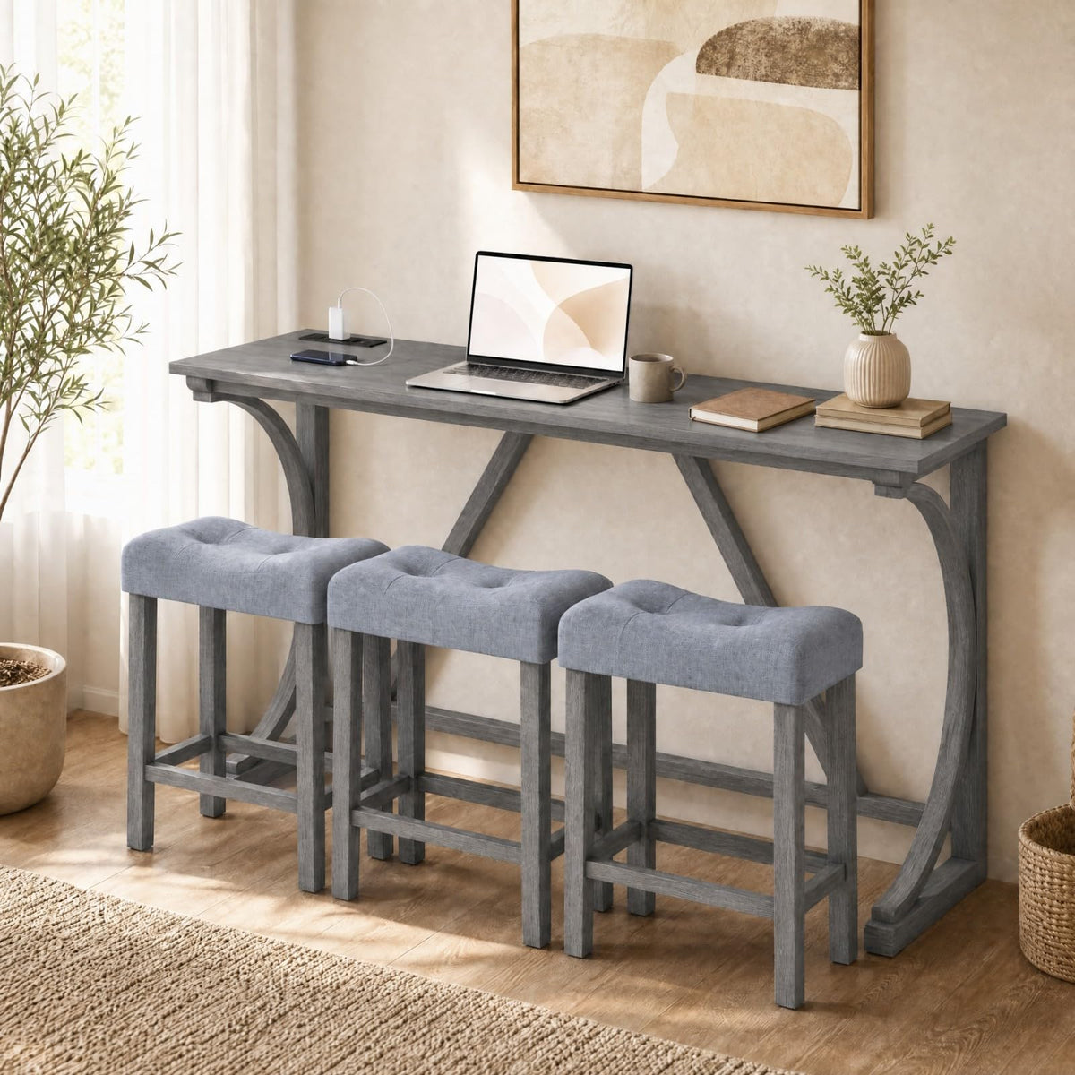 GOFLAME 4-Piece Counter Height Bar Table Set with Power Outlet Grey