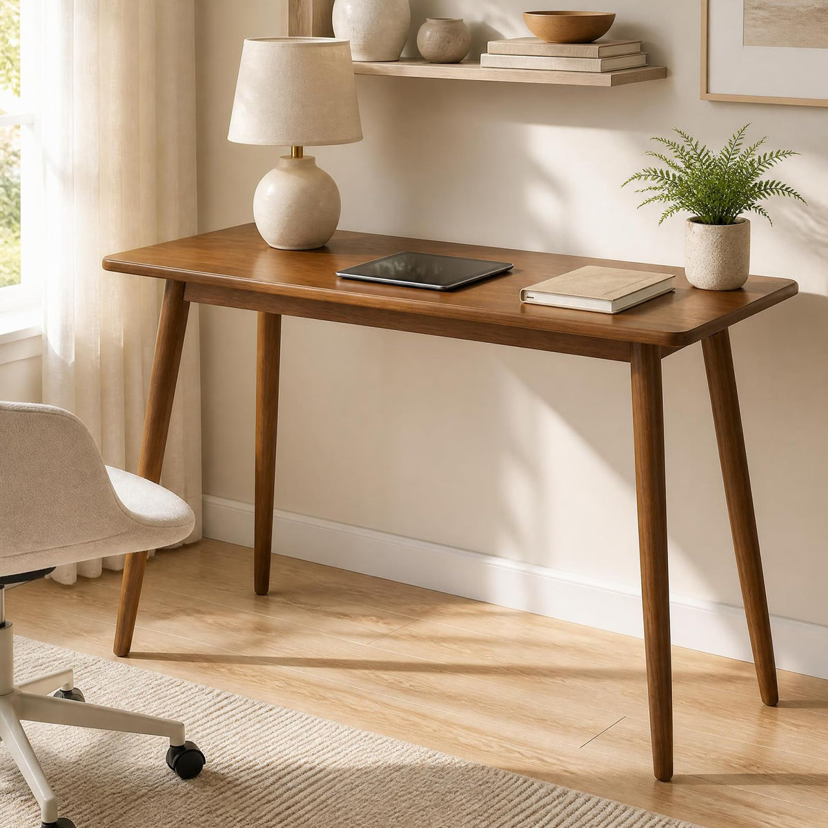 GOFLAME 40" Small Computer Desk with Rubber Wood Legs Home Office Desk