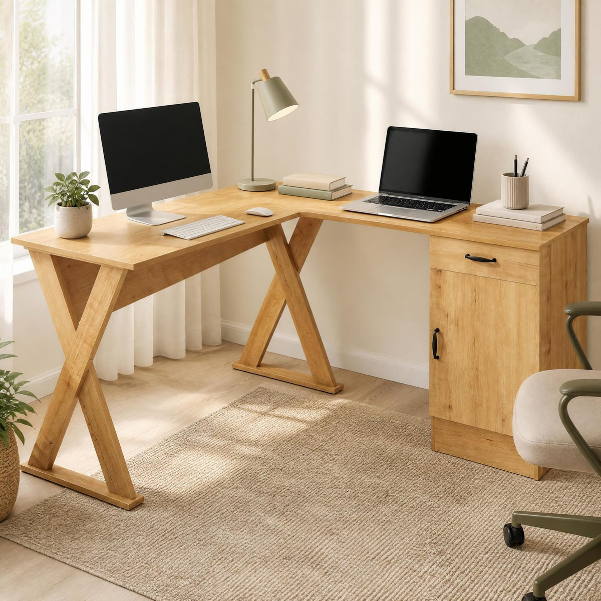 GOFLAME L-Shaped Computer Desk with Reversible Drawer & Cabinet