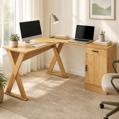 GOFLAME L-Shaped Computer Desk with Reversible Drawer & Cabinet