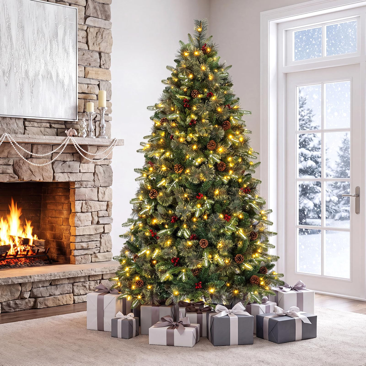GOFLAME 6ft/7ft Pre-lit Christmas Tree with Pine Cones and Red Berries Artificial Holiday Decoration Tree