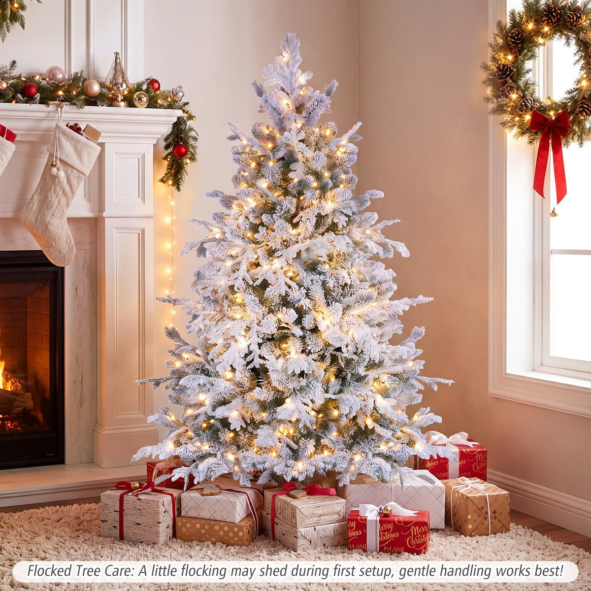 GOFLAME 5/6/7/8FT Pre-lit Christmas Tree | Snow Flocked Artificial Xmas Tree