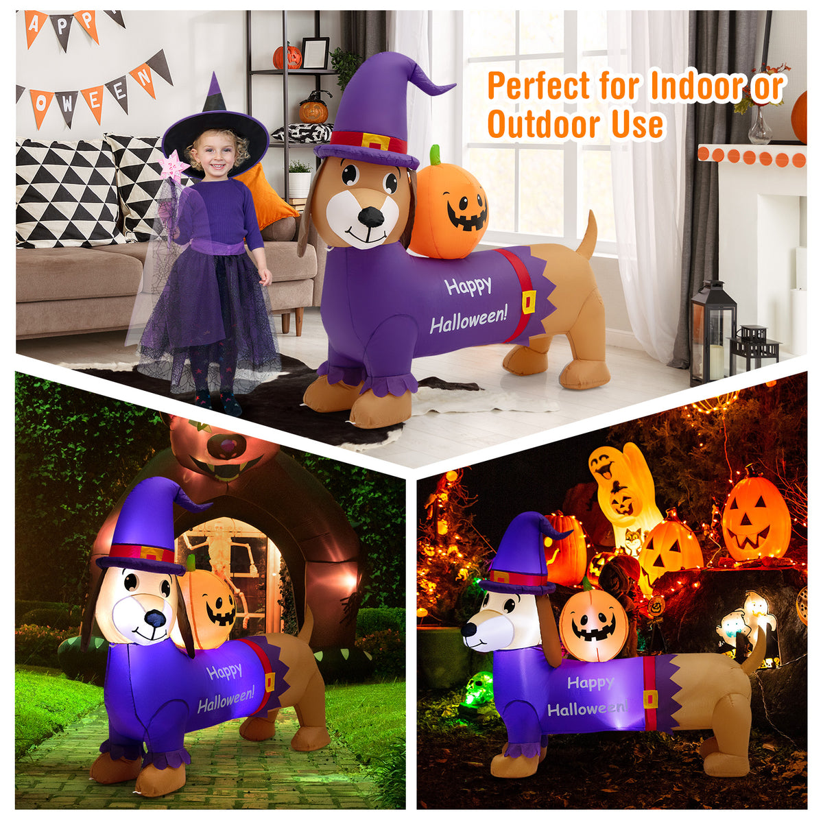 5FT Long Halloween Inflatable Dachshund, Blow Up Wiener Dog with Pumpkin & Witch Hat
