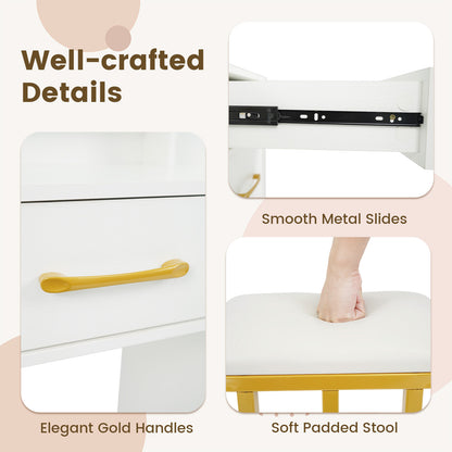 Vanity Desk with Mirror LED Light & Power Outlet, Modern Makeup Vanity Set with 3-Tier Shelves