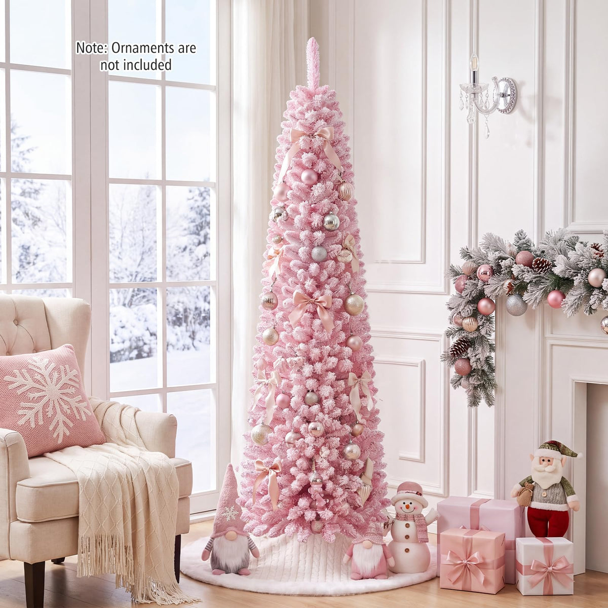 GOFLAME 6FT/7FT Pre-lit Pencil Christmas Tree Artificial Pink Christmas Tree