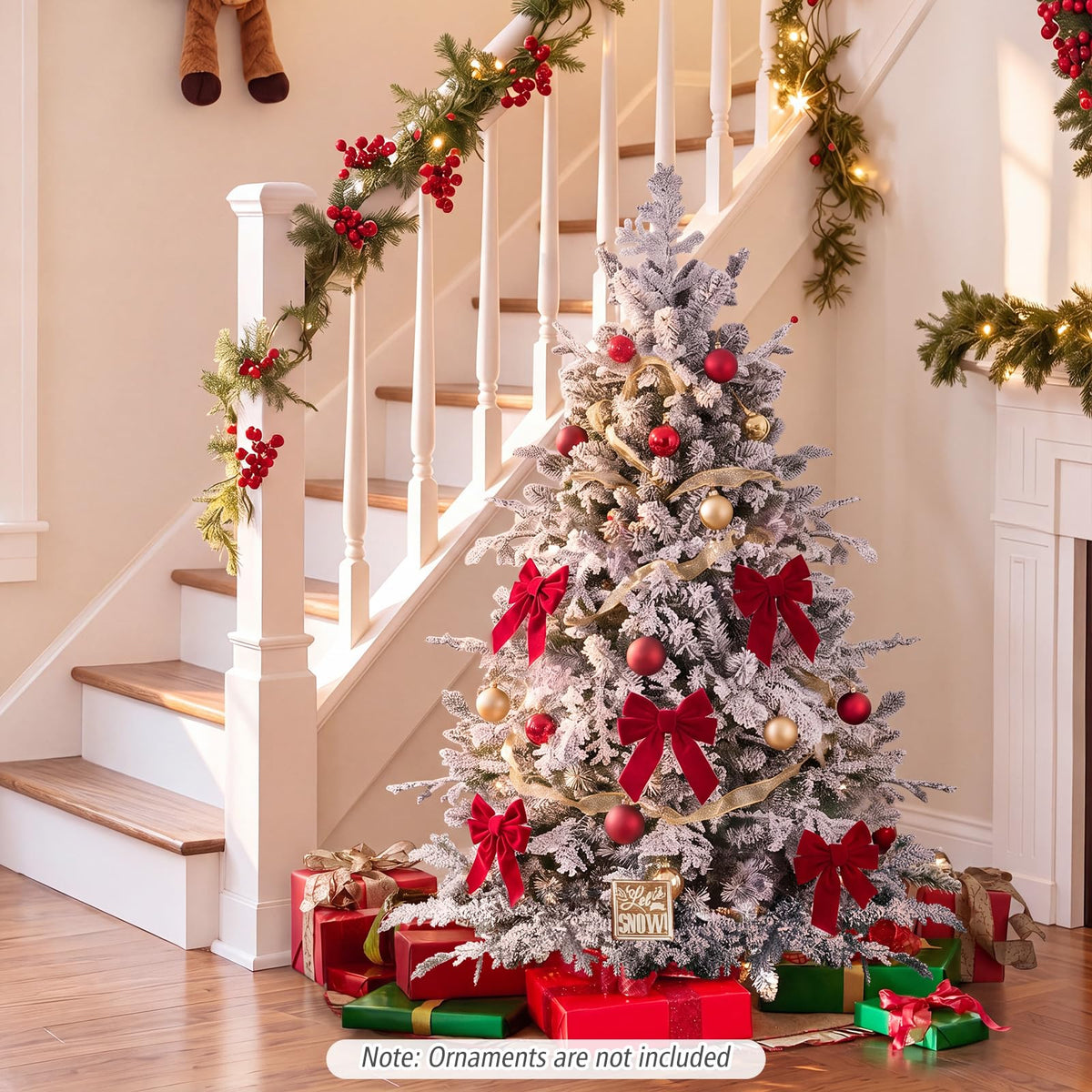 GOFLAME 5/6/7/8FT Pre-lit Christmas Tree | Snow Flocked Artificial Xmas Tree