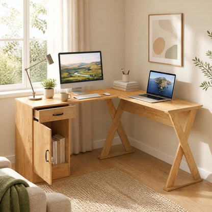 GOFLAME L-Shaped Computer Desk with Reversible Drawer & Cabinet