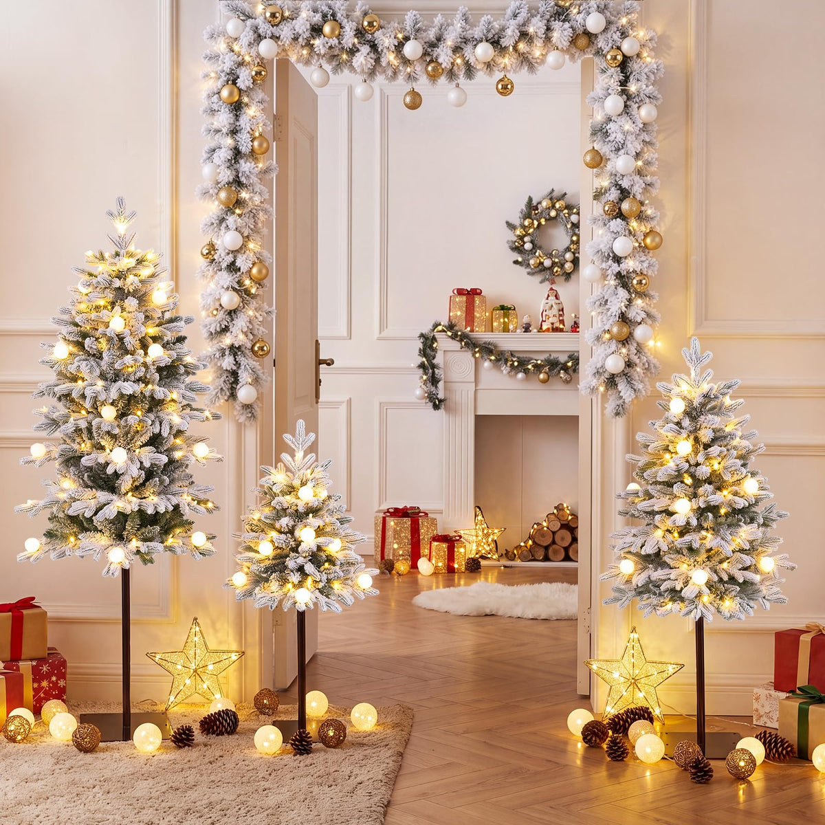 GOFLAME Set of 3 Pre-lit Christmas Tree | Snow Flocked Christmas Tree Set