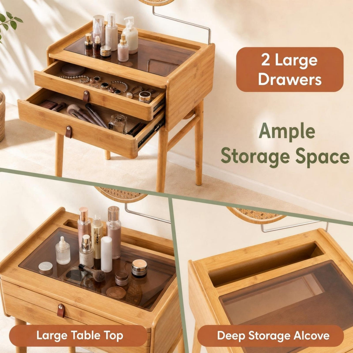 Makeup Vanity Table with Mirror, Bamboo Dressing Table with 2 Storage Drawers and Tempered Glass Table Top
