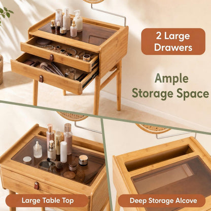Makeup Vanity Table with Mirror, Bamboo Dressing Table with 2 Storage Drawers and Tempered Glass Table Top