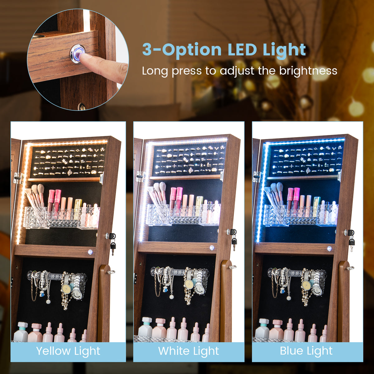 Jewelry Cabinet Armoire with Full Length Mirror, Freestanding Jewelry Cabinet with 3-Color LED Lights