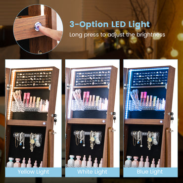 Jewelry Cabinet Armoire with Full Length Mirror, Freestanding Jewelry Cabinet with 3-Color LED Lights