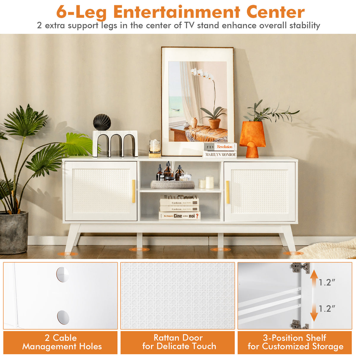 Rattan TV Stand for TVs up to 65 Inch, Modern Entertainment Center with Storage Cabinet
