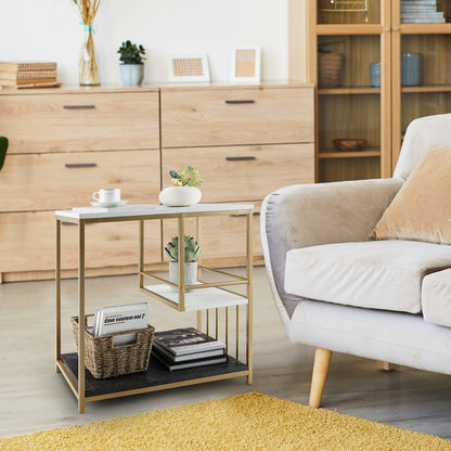 Faux Marble End Table, 3-Tier Sofa Side Table with Storage Shelves, Golden Polished Steel Frame