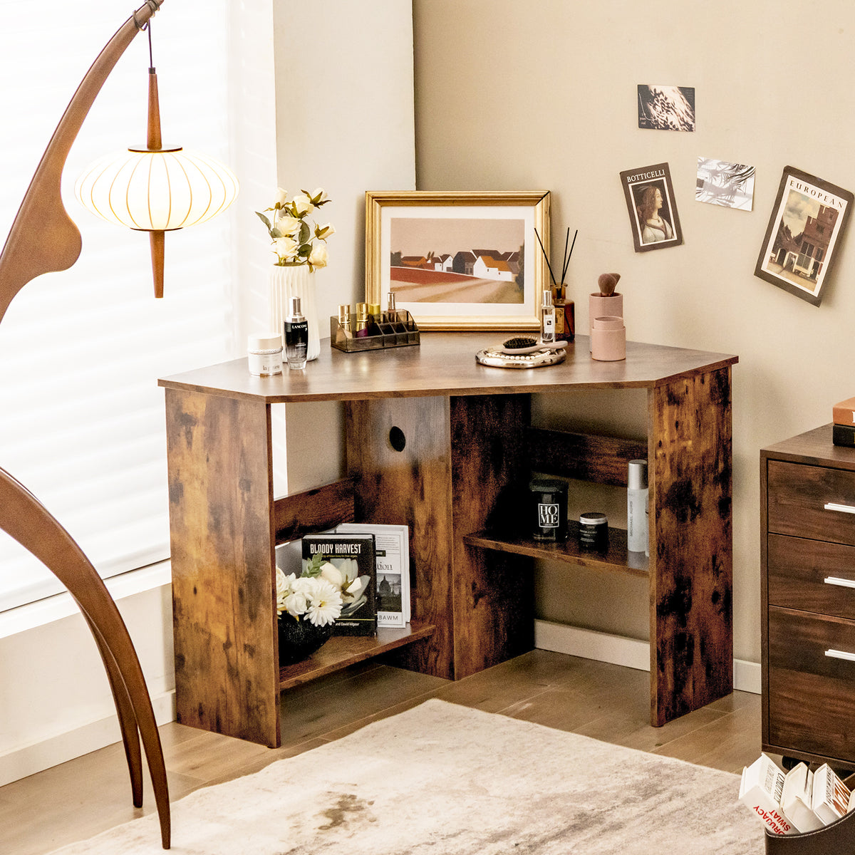 Corner Desk with Storage Shelves, Triangular Computer Desk with Cable Management Holes