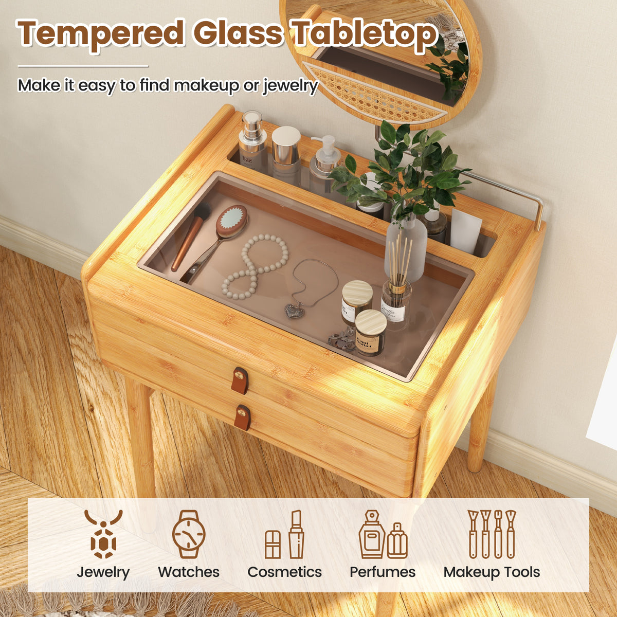 Makeup Vanity Table with Mirror, Bamboo Dressing Table with 2 Storage Drawers and Tempered Glass Table Top