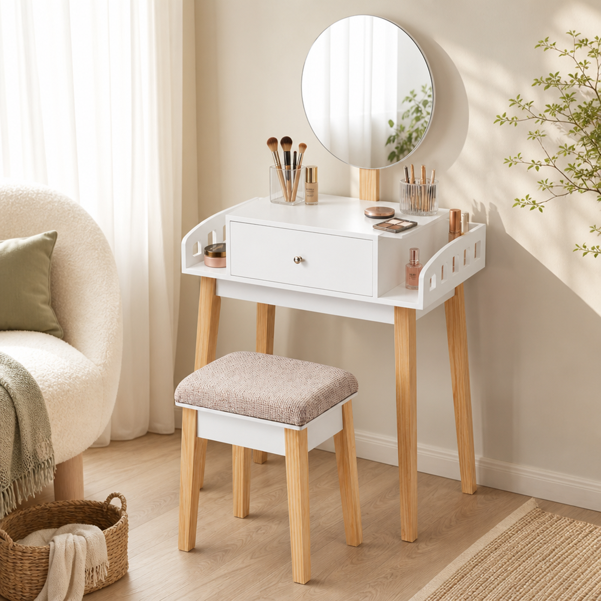 Vanity Dressing Table Set with Cushioned Stool & Height-Adjustable Large Mirror