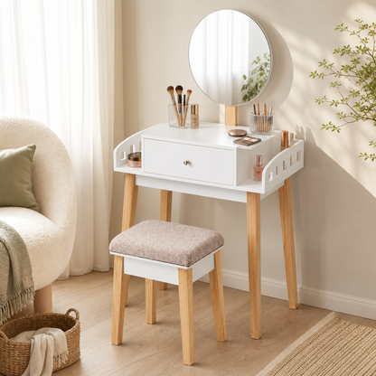 Vanity Dressing Table Set with Cushioned Stool & Height-Adjustable Large Mirror