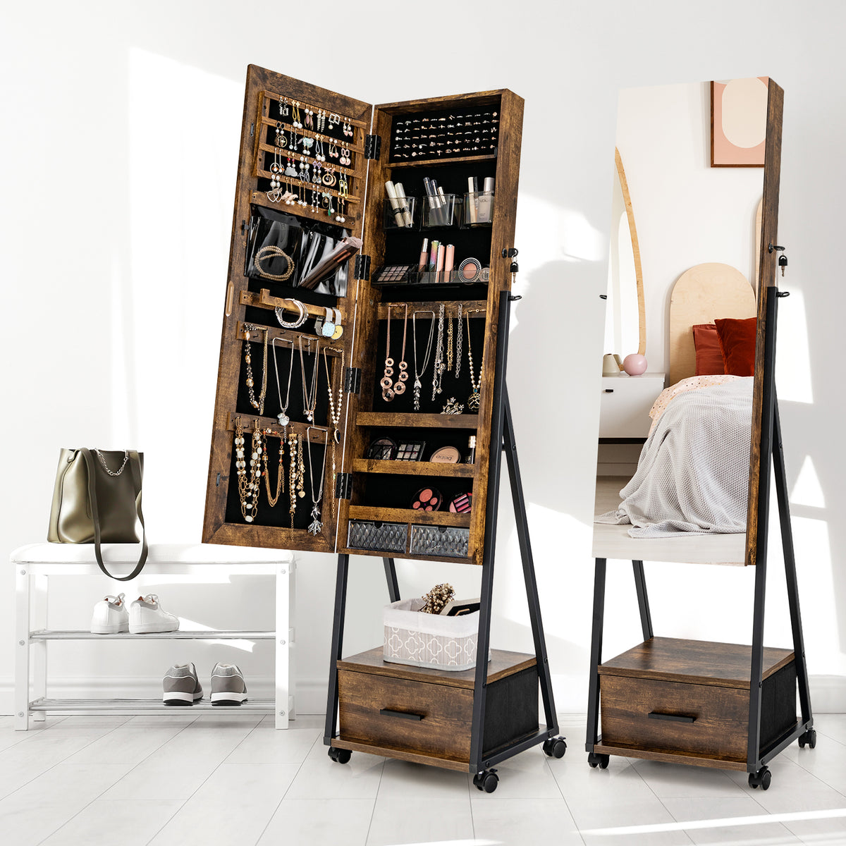 Rolling Jewelry Armoire Cabinet, Full Length Mirror with Storage, Floor Standing Lockable Jewelry Cabinet with Wheels