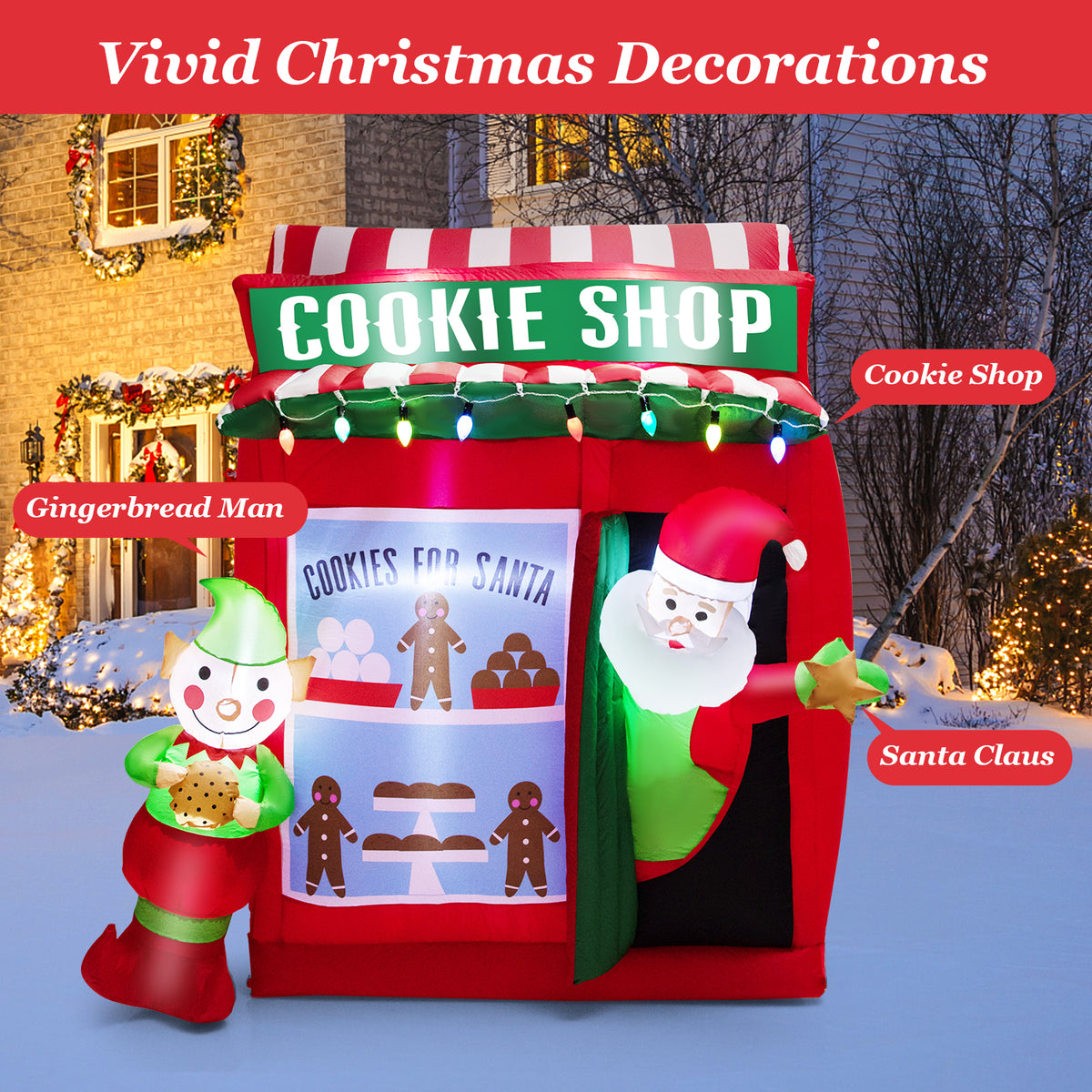 6.5 FT Christmas Inflatable Santa Claus, Outdoor Self-Inflatable Holiday Decoration with Cookie Shop